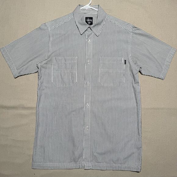 Stussy Shirt Mens Large Striped Button Up Pocket Made USA 90s Skater Streetwear - Picture 1 of 10
